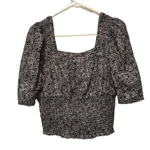 Universal Thread Square Neck Smock Top Peasant Navy Floral L Cropped Sleeve Boho